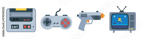 Retro gaming set featuring a classic gaming console, a joystick controller, a light gun, and an old-school crt television with an 8-bit game display.
