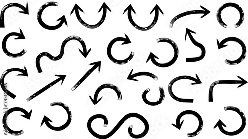 Illustration of various hand drawn black arrows pointing in different directions on a white background