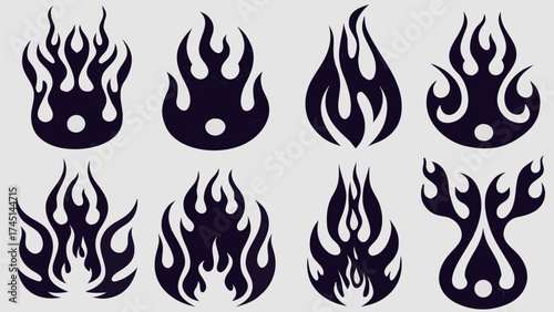 Collection of eight stylized black flame designs with varying shapes and flame configurations set on white