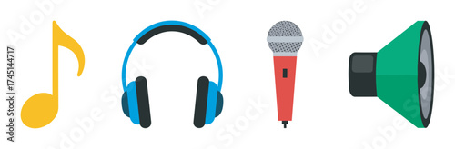 Four colorful musical icons including a yellow note, blue and black headphones, a red microphone, and a green and black speaker.
