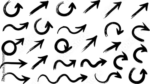 Illustration of various hand drawn black arrows pointing in different directions on a white background
