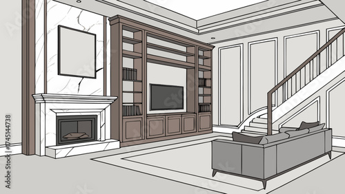 Modern living room interior design ideas with fireplace bookshelf and staircase inspiration home decor