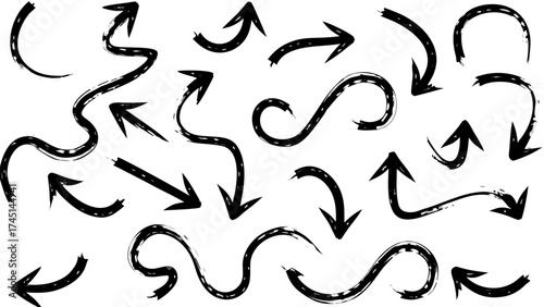Collection of hand drawn black arrows with different shapes and directions on a white background design