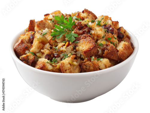 Savory bread stuffing with herbs and spices for holiday meals on a transparent background, cut out