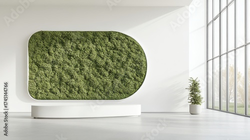 Textured green living wall artwork in bright minimalist interior with large windows and potted plant.
