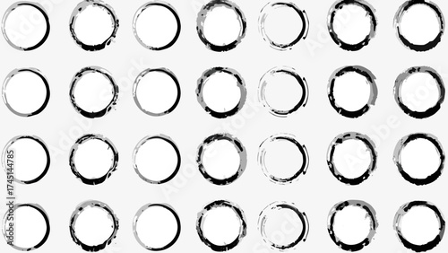 A collection of thirty six circles with varying degrees of grunge and texture in a grid pattern on white