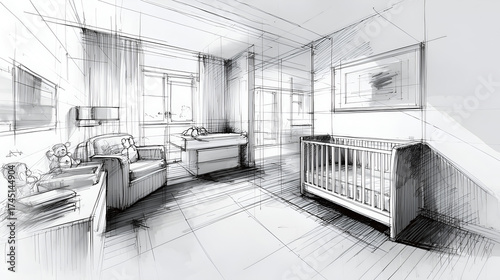 Hand-drawn pencil sketches of modern interiors with detailed furniture and decor. Minimalist, contemporary style illustrations perfect for architecture, design, and concept visuals.