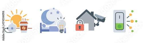 Colorful vector icons representing solar power, restful sleep, home security, and energy efficiency.