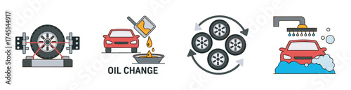 Illustrated icons depicting four stages of car maintenance: wheel alignment, oil change, tire rotation, and car wash.