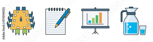 Illustrated icons of an office meeting setup, including a conference table, notepad with pen, presentation board, and water pitcher with glass.