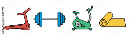 Colorful illustration of gym equipment including a red treadmill, blue dumbbells, green exercise bike, and yellow yoga mat.