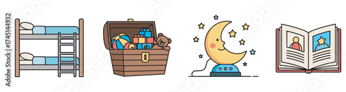 Four distinct illustrations depicting a bunk bed, a treasure chest filled with toys, a crescent moon lamp with stars, and an open book with a photograph and a star.