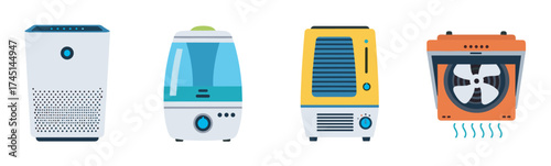 Four different types of home air appliances including an air purifier, humidifier, dehumidifier, and fan heater, designed for climate control and air quality improvement.