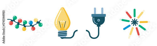 Colorful holiday string lights, a single glowing light bulb, an electrical plug, and a burst of colorful fireworks.
