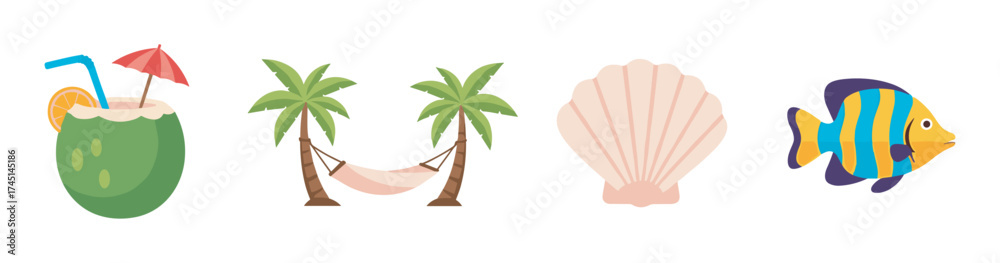 Fototapeta premium Colorful vector icons of a tropical drink, palm trees with a hammock, a seashell, and a striped tropical fish.