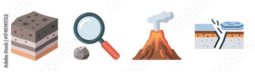 Geology-themed icons showing a soil cross-section, magnifying glass with a rock, erupting volcano, and tectonic plates.