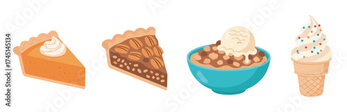 Four dessert items including a slice of pumpkin pie, a slice of pecan pie, a bowl of ice cream with chocolate sauce, and a soft serve ice cream cone with sprinkles.