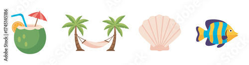 Colorful vector icons of a tropical drink, palm trees with a hammock, a seashell, and a striped tropical fish.