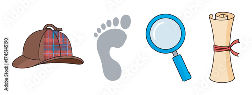 Sherlock holmes-style cap, gray footprint, blue magnifying glass, and rolled scroll with red tie on a white background.