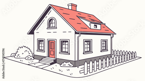 Illustration of a house with red roof and white walls, residential building design concept drawing style