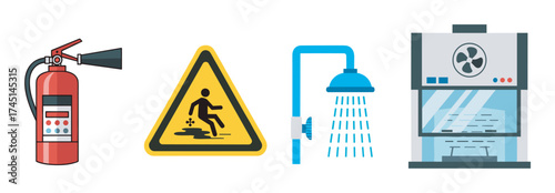 A red fire extinguisher, a yellow caution wet floor sign, an emergency shower, and a fume hood are depicted as essential safety equipment icons.