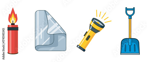 Set of essential camping equipment icons featuring a red gas canister, a folded silver blanket, a yellow flashlight, and a blue snow shovel.
