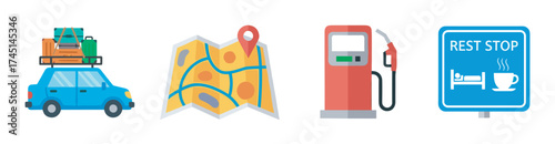 Blue car with luggage on roof, navigation map with location pin, red fuel pump, and blue rest stop sign with coffee and bed symbols.