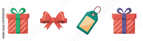 Two cartoon-style red gift boxes with ribbons, a decorative red bow, and a green and beige gift tag are aligned in a row.