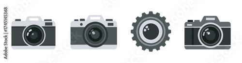 Three minimalist camera icons in a row showcasing different styles, accompanied by a gear icon symbolizing settings or adjustments.