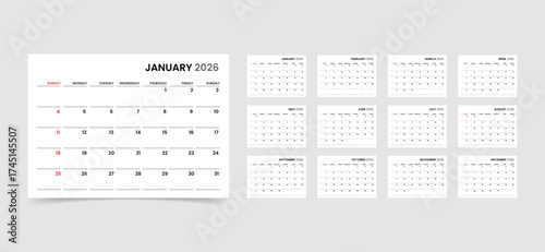 2026 monthly calendar and diary planner layout. Week Starts on Sunday