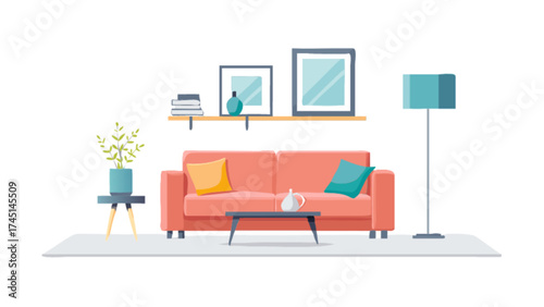 Illustration of modern living room interior design with sofa, lamp, plant and decoration items