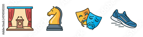 Four distinct icons representing a podium with curtains, a chess knight, comedy and tragedy theater masks, and a blue sneaker with motion lines.