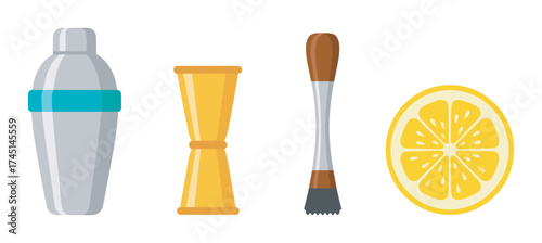 Colorful cocktail shaker, jigger, muddler, and lemon slice on a white background representing essential bar tools and ingredients for mixing drinks.