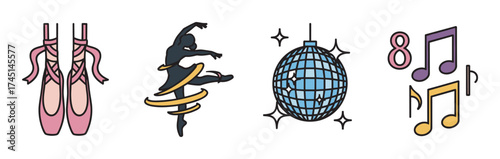 Set of dance-themed icons including ballet shoes, a dancer silhouette with a ribbon, a disco ball, and colorful musical notes.