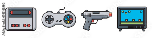 Colorful icons of a retro gaming console, joystick, light gun, and crt television, representing classic video game elements.