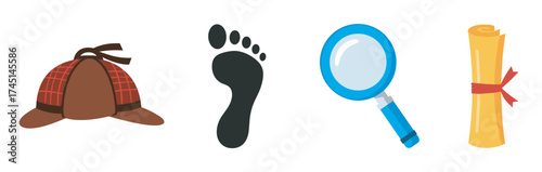 Colorful icons of a detective hat, a black footprint, a magnifying glass, and a rolled-up parchment.