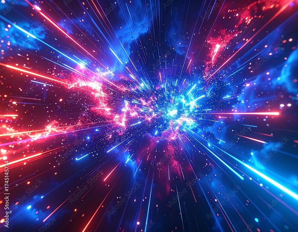 Naklejka premium Neon pink and blue background with rays of neon light against the sky and clouds