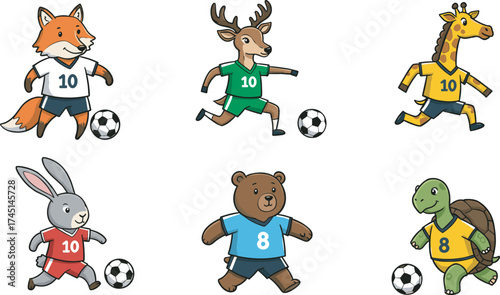Anthropomorphic animals playing soccer, cartoon sports illustration, fox, deer, giraffe, rabbit, bear, turtle, colorful jerseys, fun, motion, teamwork, kids