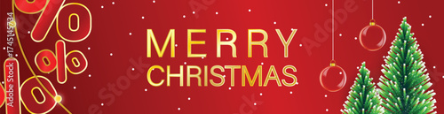 Merry Christmas design, red festive background, golden text, ornamented pine trees, baubles, snow, winter card