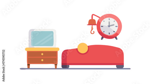 Bedroom interior design illustration with bed alarm clock and nightstand furniture vector art