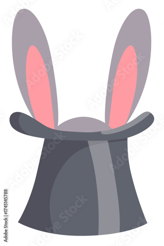 Wizard conjure cylinder. Magic hat with bunny ears vector illustration. Magician hat with rabbit. Circus show, abracadabra wand. Magic rabbit in hat, bunny trick illustration