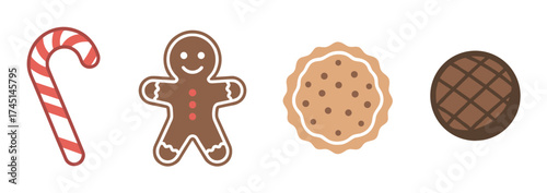 Cute vector icons of a candy cane, gingerbread man, sugar cookie, and chocolate cookie in a flat design style.