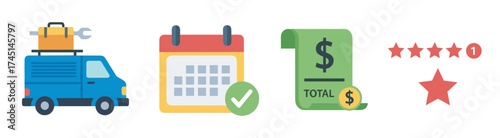 Blue delivery van with luggage and a wrench on top, next to a calendar with a checkmark, a receipt with a dollar sign, and a five-star rating with a notification.