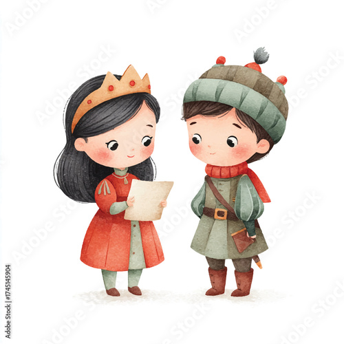 Princess and boy reading a scroll together.
