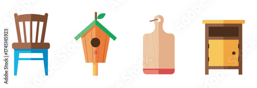 Set of colorful wooden items including a chair, birdhouse, cutting board, and small cabinet in a simple design style.