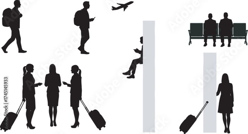 Airport silhouette illustration, travelers with luggage, airplane flying, waiting area, mobile use, walking passengers, black figures, transit scene, travel concept, minimal, modern, bold
