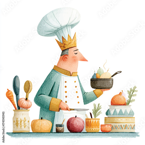 Royal Chef Preparing Delicious Food with Crown and Uniform.