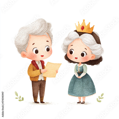 Royal couple in elegant attire reading a document together.