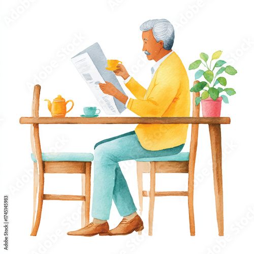 Senior man reading newspaper at a table.