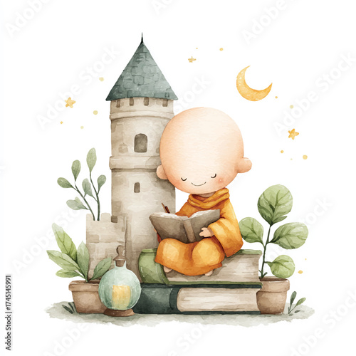 Serene Monk Reading Books Tower Plants.